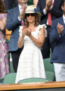 <p>The <a rel="nofollow" href="https://www.yahoo.com/lifestyle/pippa-middleton-her-way-becoming-112938888.html" data-ylk="slk:Duchess of Cambridge’s younger sister;elm:context_link;itc:0;sec:content-canvas;outcm:mb_qualified_link;_E:mb_qualified_link;ct:story;" class="link  yahoo-link">Duchess of Cambridge’s younger sister</a> wore a AU$1,200 broderie anglaise dress designed by Anna Mason London, which she paired with rounded brown sunglasses, blue wedge espadrilles by Penelope Chilvers, a AU$400 Jess Collett straw hat, and a cream clutch from J.Crew. Photo: Getty </p>