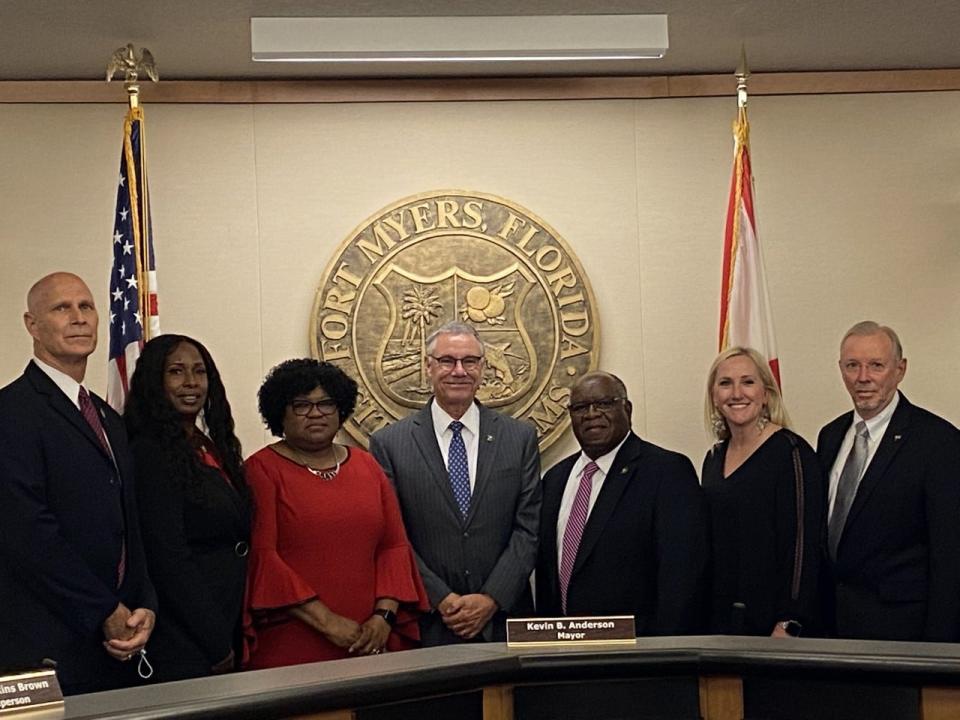 Fort Myers city council from left to right: Liston "Lin" Bochette III, Terolyn Watson, Teresa Watkins Brown, Mayor Kevin Anderson, Johnny Streets, Darla Betzer Bonk and Fred Burson.