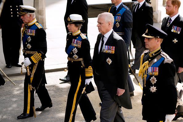 LONDON, ENGLAND - SEPTEMBER 19: King Charles III, Anne, Princess Royal, Prince Andrew, Duke of York and Prince Edward, Earl of Wessex follow behind The Queen's funeral cortege borne on the State Gun Carriage of the Royal Navy on September 19, 2022 in London, England. Elizabeth Alexandra Mary Windsor was born in Bruton Street, Mayfair, London on 21 April 1926. She married Prince Philip in 1947 and ascended the throne of the United Kingdom and Commonwealth on 6 February 1952 after the death of her Father, King George VI. Queen Elizabeth II died at Balmoral Castle in Scotland on September 8, 2022, and is succeeded by her eldest son, King Charles III.  (Photo by Christopher Furlong/Getty Images)