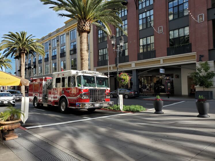 San Jose Fire Department fire engine drives down Santana Row in the Silicon Valley, San Jose, California, January 3, 2020. (Photo by Smith Collection/Gado/Getty Images)