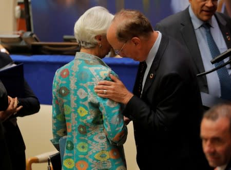 FILE PHOTO: Christine Lagarde, International Monetary Fund (IMF) Managing Director speaks with Larry Fink, Chief Executive Officer of BlackRock at U.N. meeting on financing