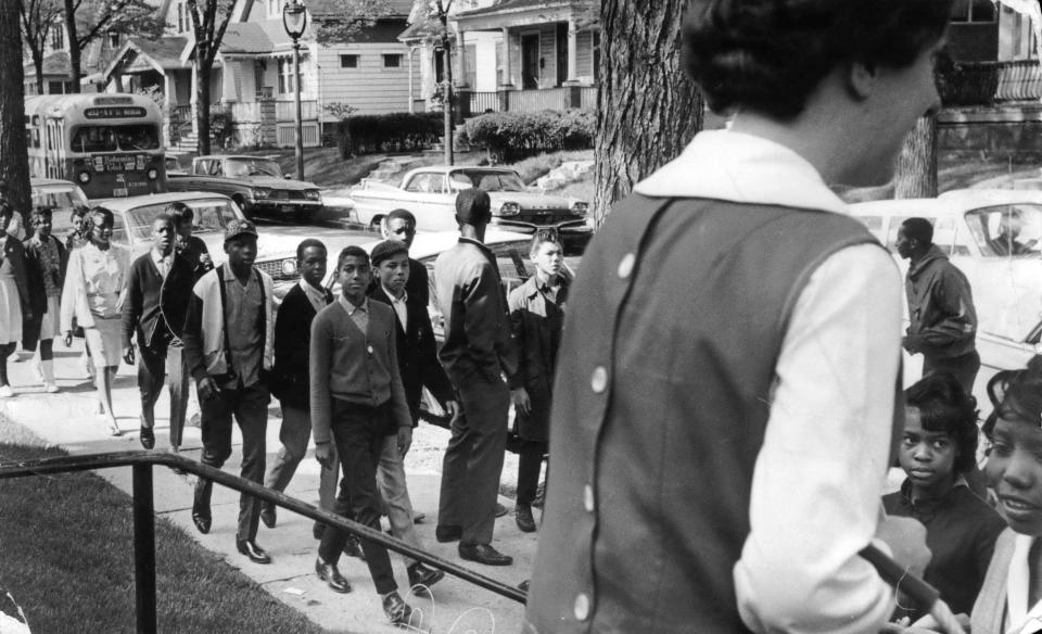 Youngsters file into St. Matthew Christian Methodist Episcopal Church, 2944 N. Ninth St., for freedom classes held for students boycotting Milwaukee Public Schools on May 18, 1964. The one-day boycott was a protest against segregated schools in Black neighborhoods.