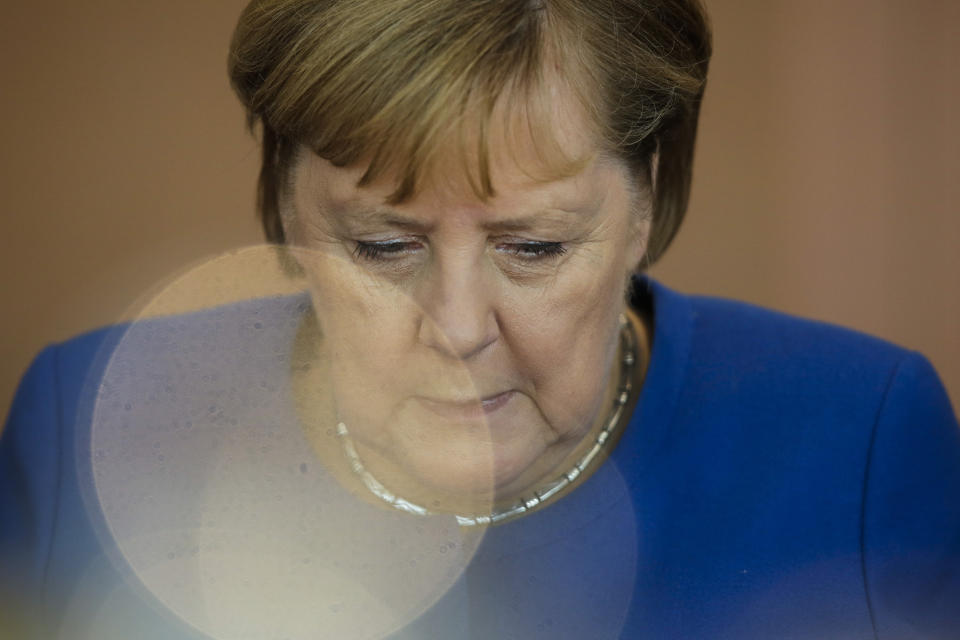 German Chancellor Angela Merkel attends the weekly cabinet meeting at the chancellery in Berlin, Germany, Wednesday, Oct. 30, 2019. (AP Photo/Markus Schreiber)
