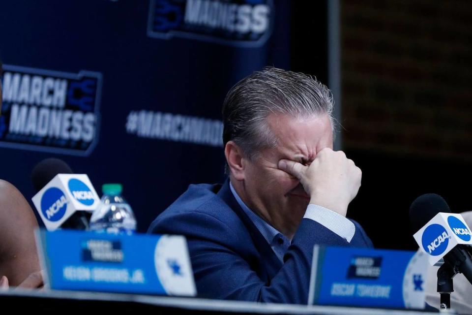 UK coach John Calipari rubs his eyes at a press conference after losing to 15 seed St. Peter’s during the first round of the 2022 NCAA Tournament.