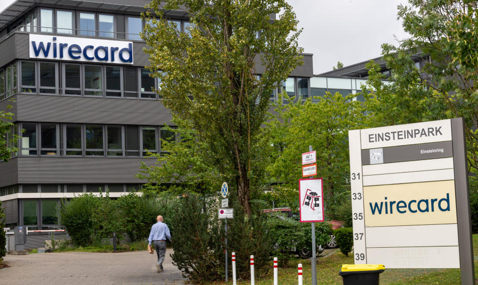 01 September 2020, Bavaria, Munich: The logo of the insolvent company Wirecard hangs on the facade of the company in Aschheim near Munich. Photo: Peter Kneffel/dpa (Photo by Peter Kneffel/picture alliance via Getty Images)