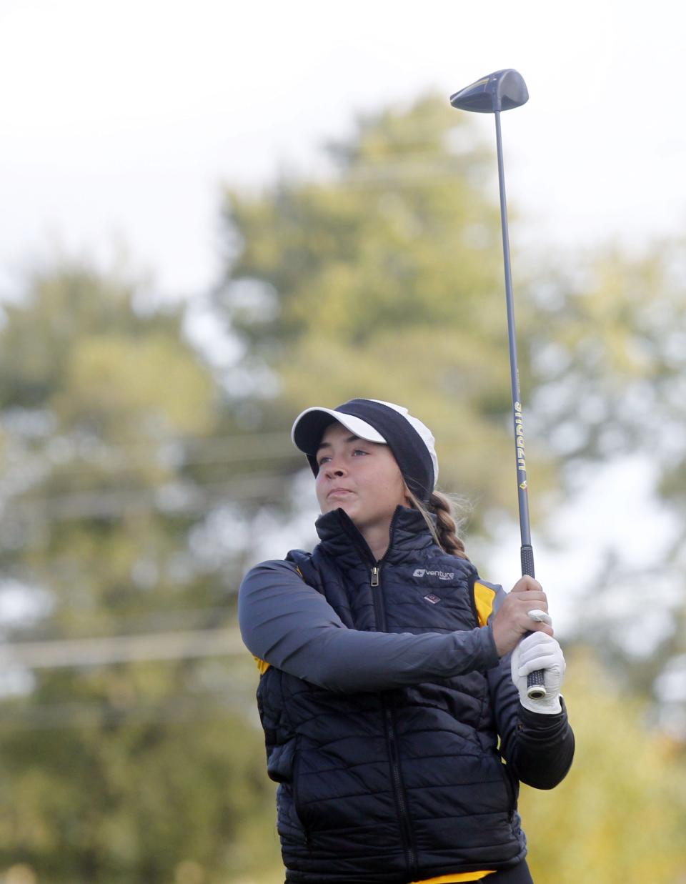 Colonel Crawford's Sophie Beck tees off during the Girls Division II State Championships on Oct. 15 at the Ohio State Golf Club Gray Course.