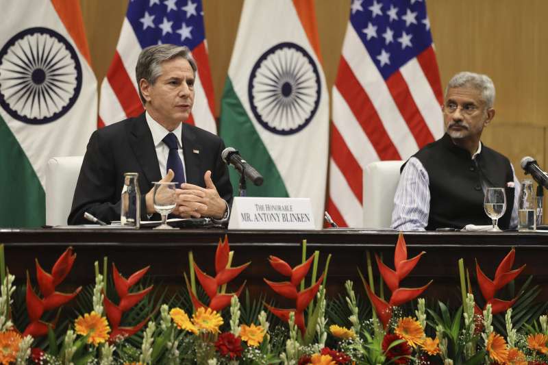 2021年7月28日，美國國務卿布林肯訪問印度，與印度外長蘇杰生會面（AP）