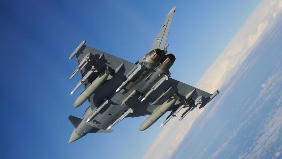 Meteor missiles are seen on a Eurofighter aircraft.