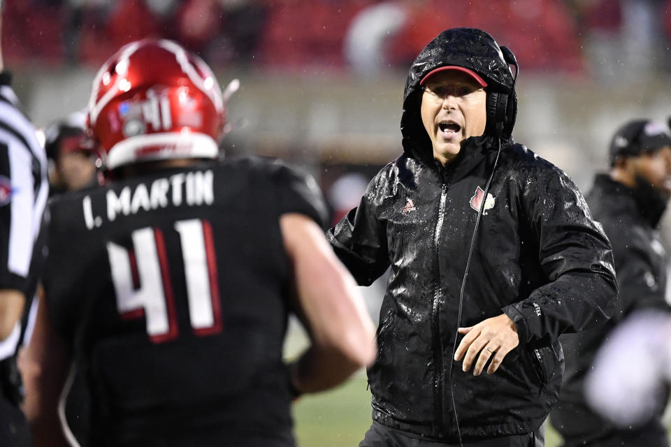 Louisville head coach Scott Satterfield shouts at one of his players during the second half of an NCAA college football game against Boston College in Louisville, Ky., Saturday, Oct. 23, 2021. Louisville won 28-14. (AP Photo/Timothy D. Easley)