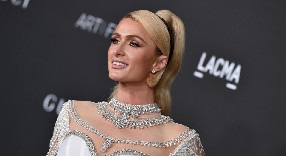 Paris Hilton has shared images of her beautiful wedding dress with fans. (Getty Images)