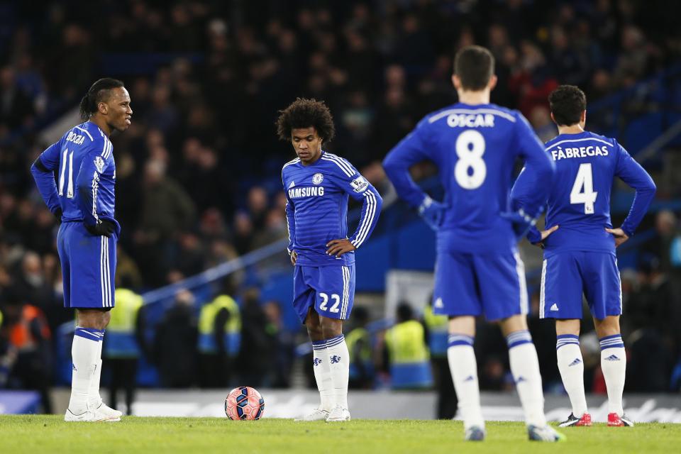 Chelsea players react after Bradford City's Mark Yeates (unseen) scored during their FA Cup fourth round soccer match at Stamford Bridge in London January 24, 2015. REUTERS/Stefan Wermuth (BRITAIN - Tags: SPORT SOCCER TPX IMAGES OF THE DAY)