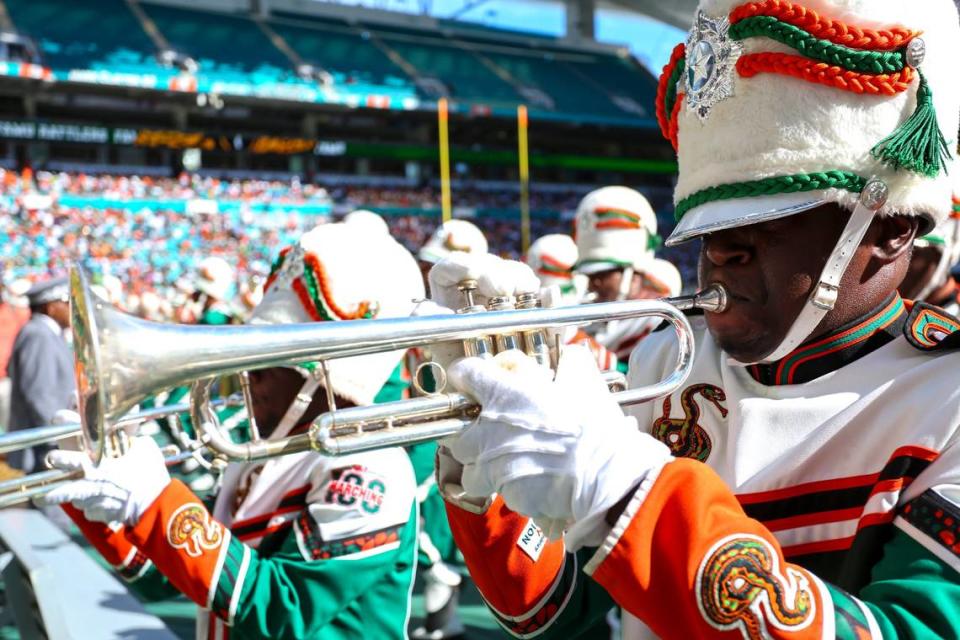 A trumpet player of the Florida A&M Rattlers marching band performs during the halftime show of the Orange Blossom Classic at Hard Rock Stadium in Miami Gardens, Florida, Sunday, September 4, 2022.
