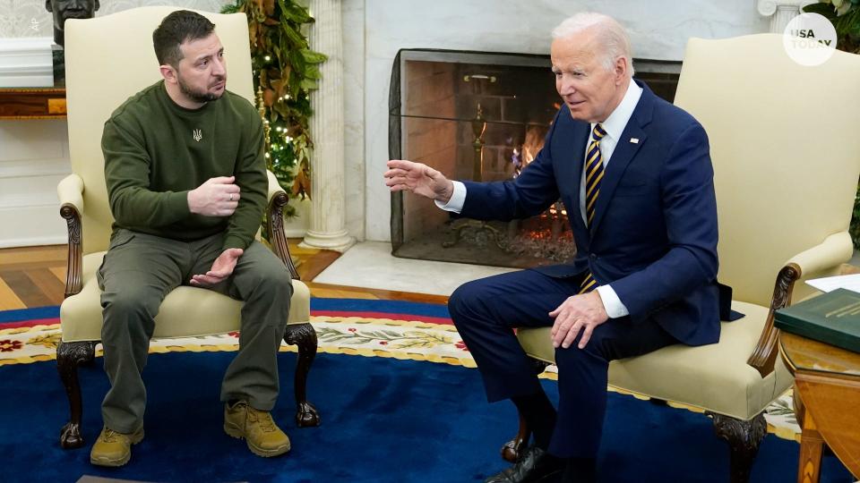 President Joe Biden speaks during a meeting with Ukrainian President Volodymyr Zelenskyy in the Oval Office of the White House, Wednesday, Dec. 21, 2022, in Washington. (AP Photo/Patrick Semansky)