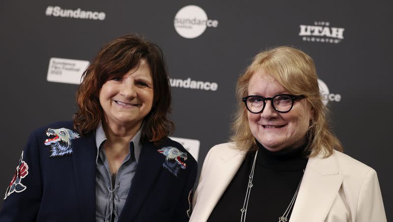 Amy Ray, left, and Emily Saliers of the Indigo Girls pose for photos at the premiere of their documentary film “It’s Only Life After All” at the Ray Theatre in Park City on Thursday, Jan. 19, 2023.