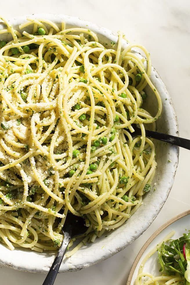 Nettle Pesto Bucatini with Spring Peas and Parmesan