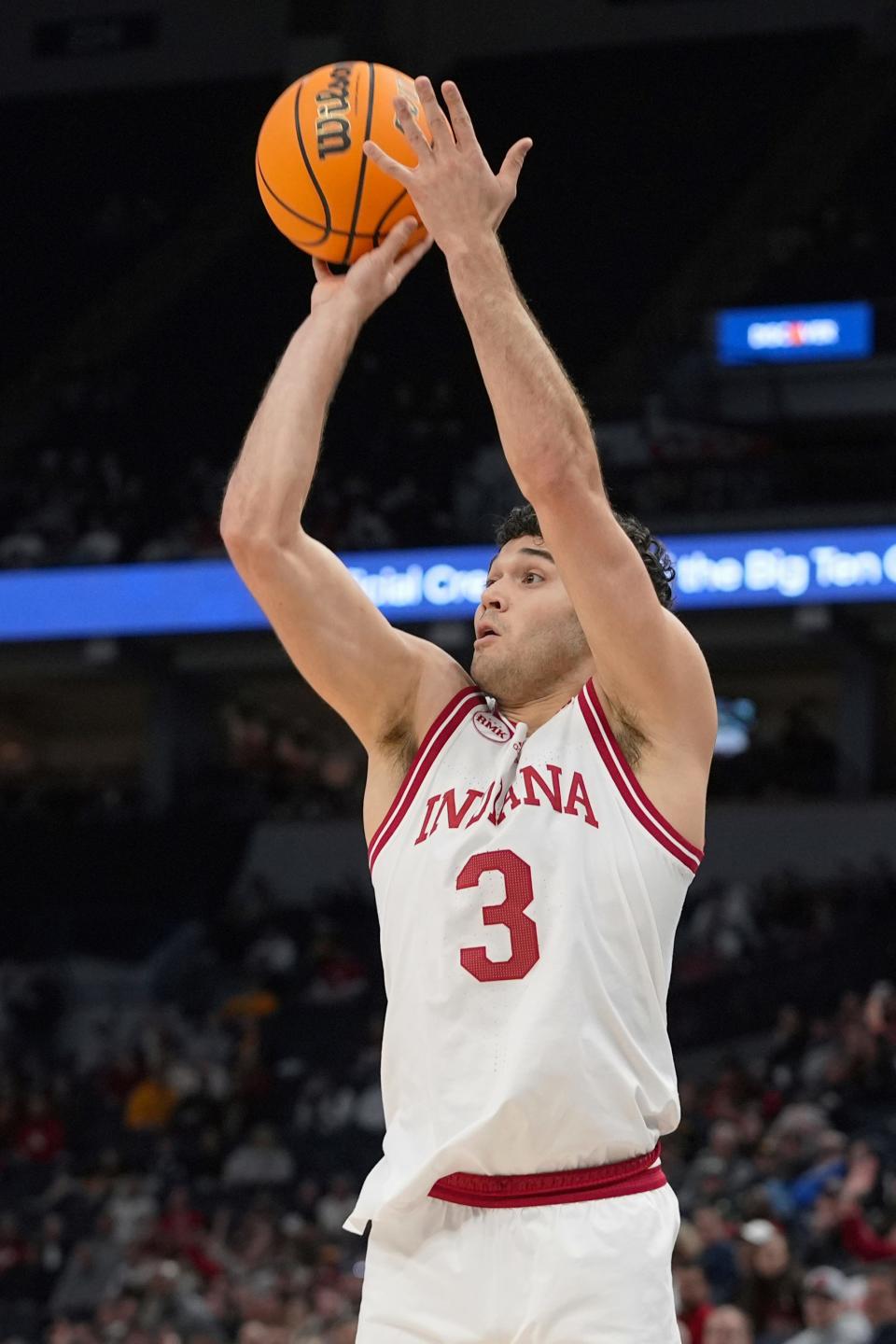 Indiana guard Anthony Leal (3) shoots during the first half of an NCAA college basketball game against Penn State in the second round of the Big Ten Conference tournament, Thursday, March 14, 2024, in Minneapolis. (AP Photo/Abbie Parr)