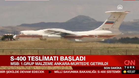 Turkish television channels showed arrivals of first parts to assemble Russian S-400 air defence systems. (CNN Turk)