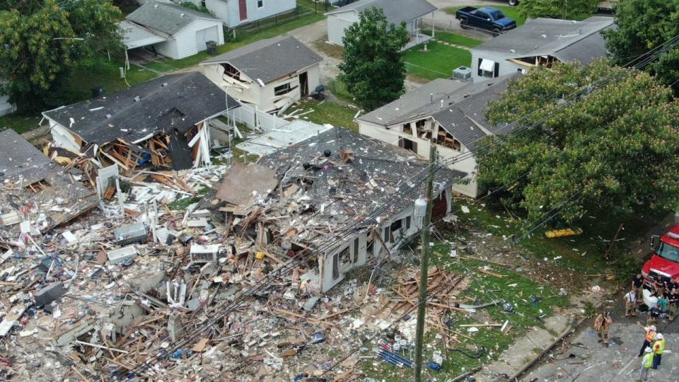 An overhead photo of damage from a house explosion in the 1000 block of North Weinbach Avenue.