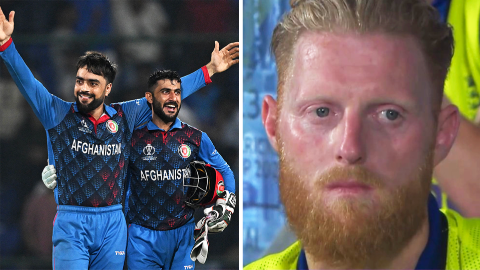 Afghanistan's Rashid Khan celebrates and Ben Stokes looks dejected.