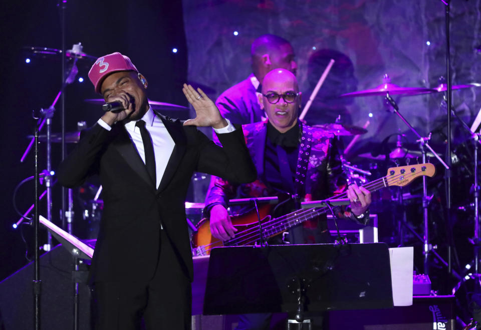 Chance the Rapper performs on stage at the Pre-Grammy Gala And Salute To Industry Icons at the Beverly Hilton Hotel on Saturday, Jan. 25, 2020, in Beverly Hills, Calif. (Photo by Willy Sanjuan/Invision/AP)