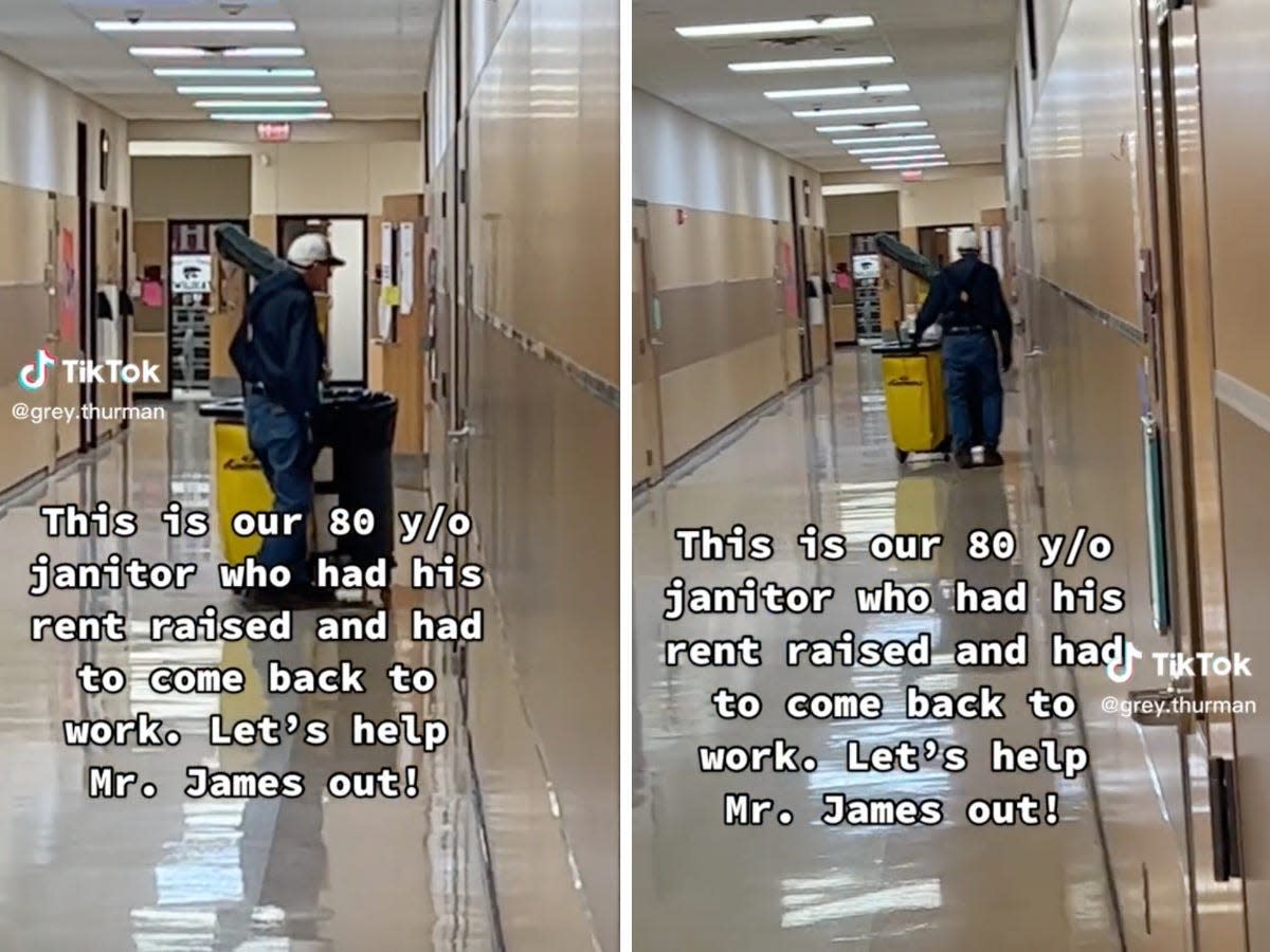 composite image of screenshots of a school janitor and the on-screen text: "This is our 80 y/o janitor who had his rent raised and had to come back to work. Let's help Mr. James out!"