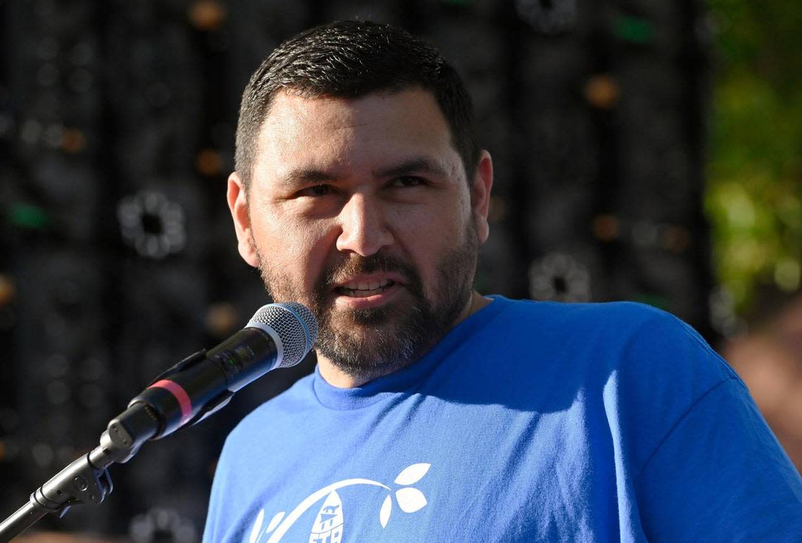 Fresno Teachers Association President Manel Bonilla speaks as over a thousand teachers and supporters gathered for an Education Rally & Block Party along N Street while the Fresno Unified board met in downtown Fresno on Wednesday, May 24, 2023 .