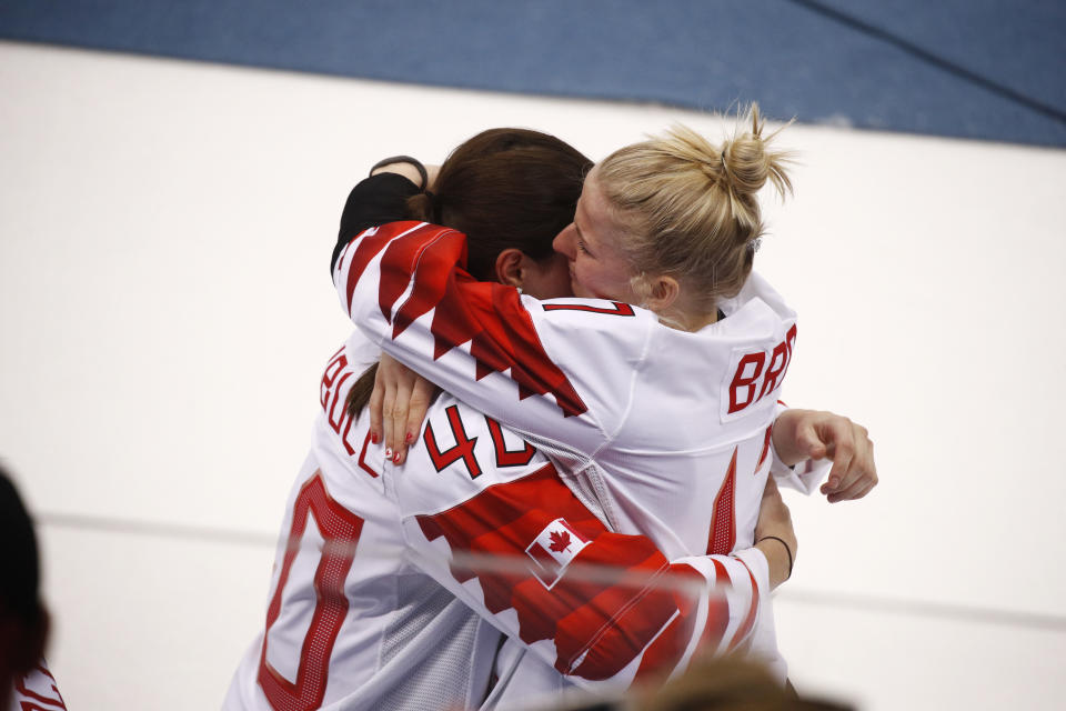 <p>Bailey Bram (17), of Canada, right, embraces Blayre Turnbull (40), of Canada, after losing to the United States in the women’s gold medal hockey game at the 2018 Winter Olympics in Gangneung, South Korea, Thursday, Feb. 22, 2018. (AP Photo/Jae C. Hong) </p>