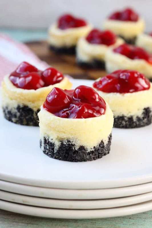 <p>Miss in the Kitchen</p><p>Mini Cherry Cheesecakes are the perfect bite-size dessert for any party, holiday or special occasion. A delicious Oreo crust, plus creamy cheesecake and topped off with the classic cherry pie filling. It’s a dessert that everyone will love!</p><p><strong>Get the recipe: </strong><a href="https://www.missinthekitchen.com/mini-cherry-cheesecakes/?fbclid=IwAR3ny_GHOPR3wIbcjs1oOCpfo6_STUW56kqM8JrVjJ8Hy9VGgpbw-6C8n3U" rel="nofollow noopener" target="_blank" data-ylk="slk:Mini Cherry Cheesecakes;elm:context_link;itc:0;sec:content-canvas" class="link "><strong>Mini Cherry Cheesecakes</strong></a></p>