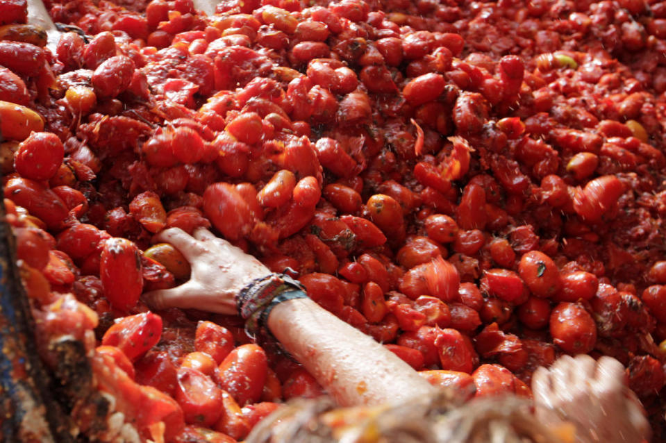 <p>A reveler takes tomatoes to throw them into the crowd during the annual “Tomatina”, tomato fight fiesta, in the village of Bunol, 50 kilometers outside Valencia, Spain, Aug. 31, 2016. (Photo: Alberto Saiz/AP)</p>