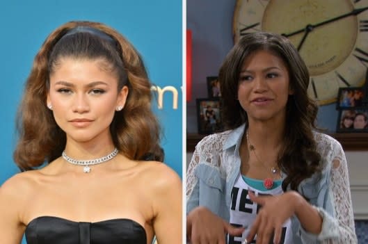 Zendaya at 2022 Emmy's red carpet on left; Rocky Blue on right in "Shake it Up"