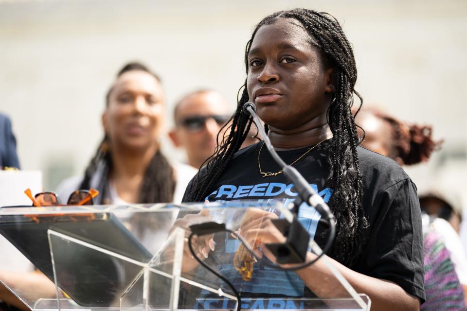 Thalya Baptiste, a political science major at Morgan State University, spoke during the "Freedom to Learn" rally in front of the U.S. Supreme Court, May 3, 2024.