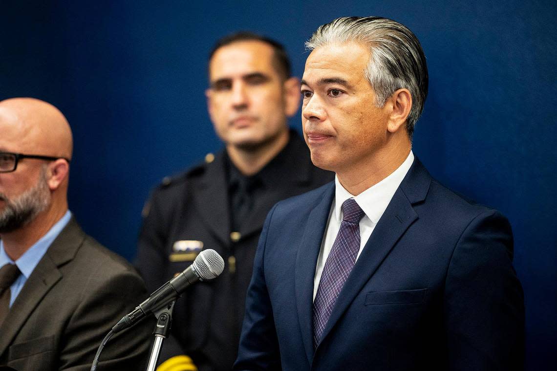 California Attorney General Rob Bonta speaks during a news conference announcing the arrest of 34-year-old Dhante Jackson and three others at the Merced Police Department in Merced, Calif., on Sunday, Sept. 11, 2022. Jackson was wanted on a warrant for murder and felony child abuse in connection with the death of 8-year-old Sophia Mason.