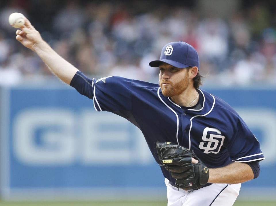 San Diego Padres starting pitcher Ian Kennedy faces the Detroit Tigers in the first inning of a baseball game Saturday, April 12, 2014, in San Diego. (AP Photo/Lenny Ignelzi)