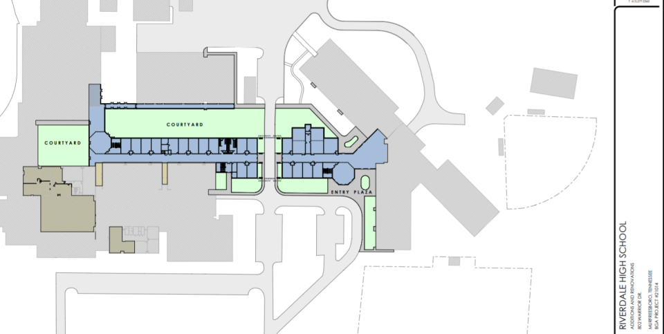 This rendering shows much of an estimated $26.4 million plan to expand Riverdale High with a second story that allows the main building to connect to Annex. The expansion would  add about 30 classrooms and enlarge the cafeteria into the existing counseling office, which would be relocated. School officials hope a  larger Riverdale can accommodate students rezoned from the overcrowded Rockvale High.