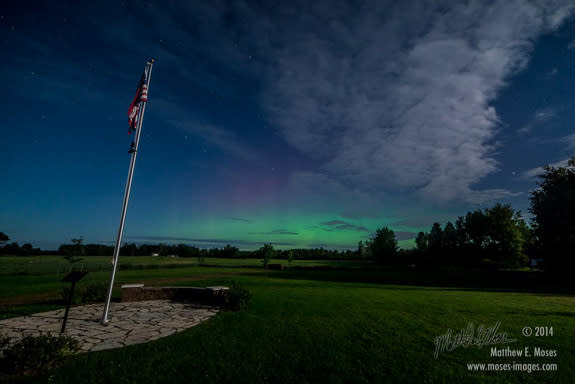 Astrophotographer Matthew Moses caught a subtle aurora in Munger, Minnesota, just outside the Duluth area, on Sept. 11, 2014 just as the first of two solar storms was reaching Earth.