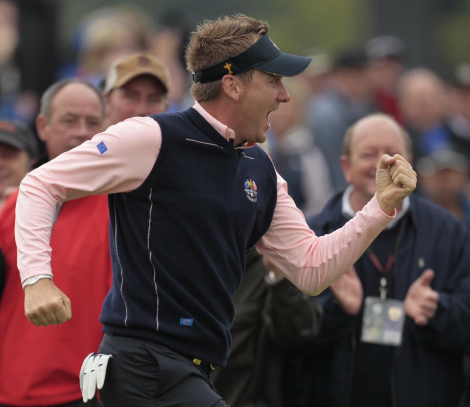 FILE - Europe's Ian Poulter reacts on the 14th hole during a practice round prior to the 2010 Ryder Cup golf tournament at the Celtic Manor golf course in Newport, Wales, in this Thursday, Sept. 30, 2010, file photo. (AP Photo/Matt Dunham, File)