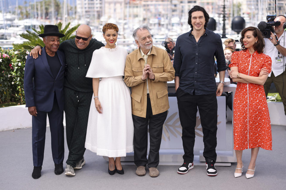 Giancarlo Esposito, from left, Laurence Fishburne, Nathalie Emmanuel, director Francis Ford Coppola, Adam Driver and Aubrey Plaza pose for photographers at the photo call for the film 'Megalopolis' at the 77th international film festival, Cannes, southern France, Friday, May 17, 2024. (Photo by Vianney Le Caer/Invision/AP)
