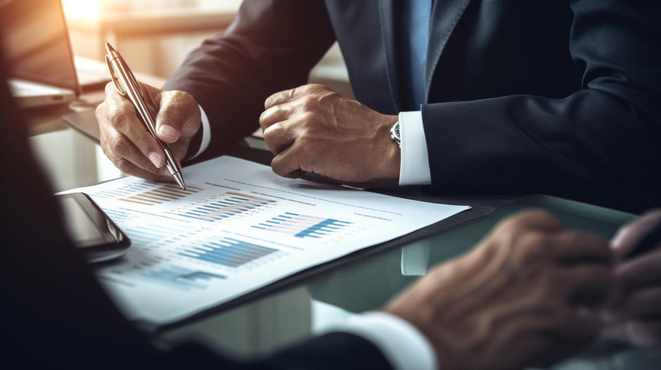 A close-up of a businessman in corporate attire discussing financial management solutions with a client.