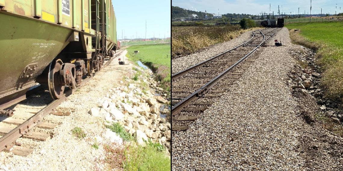 The photo on the left from a National Transportation Safety Board report shows what the gravel area next to the tracks looked like when BNSF conductor Buddy Strieker was struck and killed by a moving train near Hannibal, Missouri, in 2021. The narrow walking path left little room for Strieker to avoid the train. The photo from the report on the right shows how the rail line added more room to walk months after the incident.