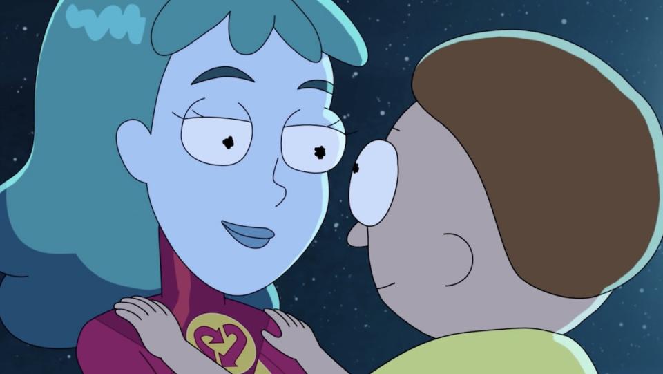 The blue superhero Planetina holds Morty as they each look into the other's eyes