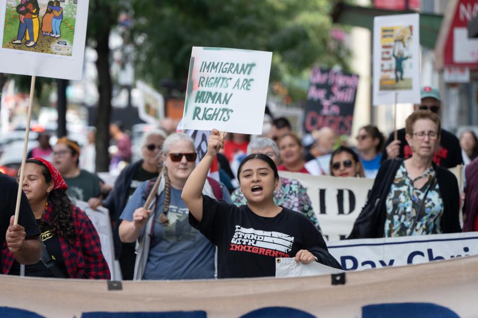 A rally and march organized by immigration and climate change activists, as part of a National Day of Action, demand the Biden administration to shut down all detention centers, release all people in detention, and end deportations, took place in Newark, NJ on Friday Sept. 15, 2023.