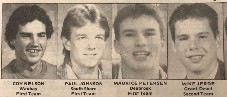Paul Johnson of South Shore is pictured with fellow area 1988 Class B All-State boys basketball players. Coy Nelson of Waubay, Maurice Peterson of Deubrook and Mike Jerde of Grant-Deuel also joined Johnson on Roger Merriam's list of "20 Favorites" northeastern South Dakota Class A and B boys basketball players since 1984.