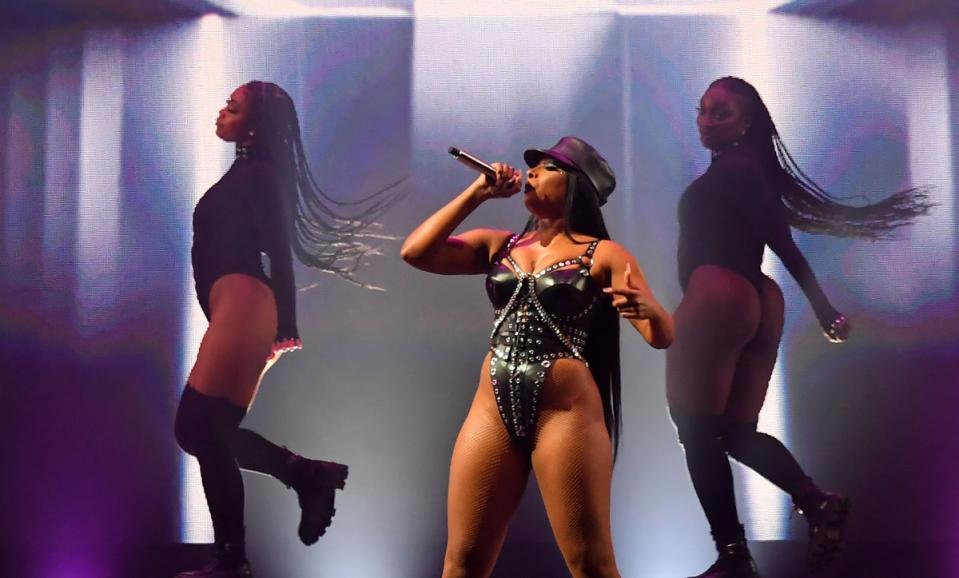 US rapper Megan Thee Stallion (C) plays the Other Stage at the Glastonbury festival (AFP via Getty Images)