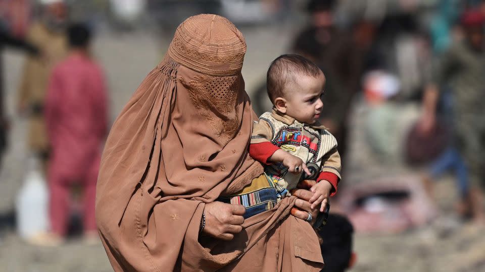 An Afghan refugee at a makeshift camp near the Afghanistan-Pakistan on November 2, 2023. Many of those returning wonder aloud how they will find education for women in Taliban controlled Afghanistan. - Wakil Kohsar/AFP/Getty Images