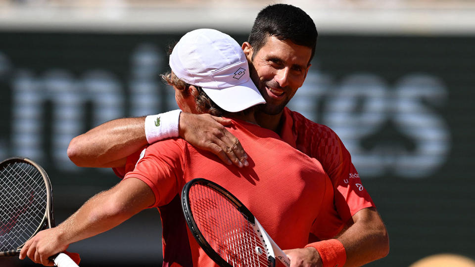 Seen here, Serbian tennis star Novak Djokovic celebrates after his round one win at the French Open.