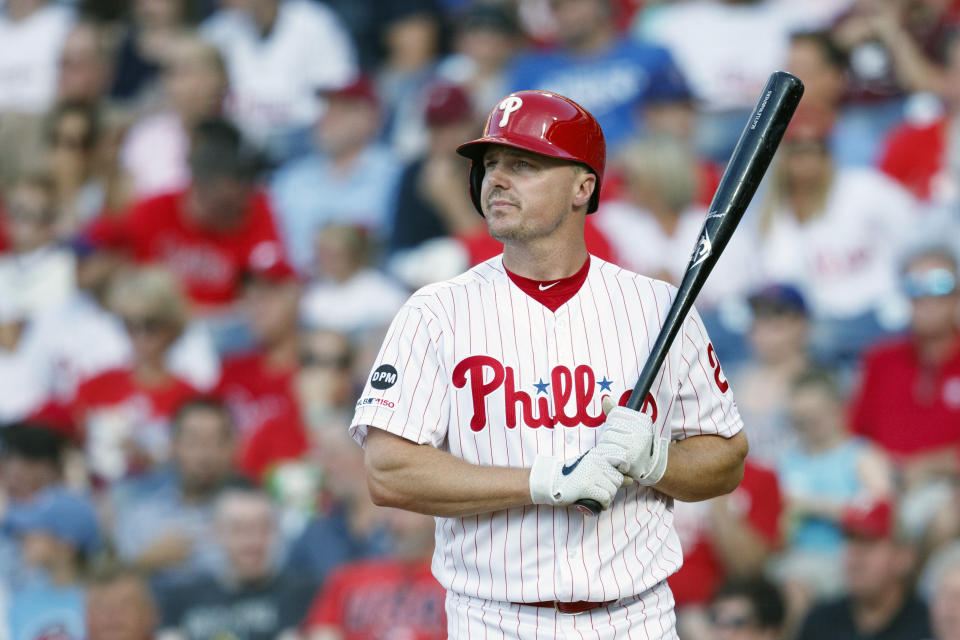 FILE - This July 12, 2019, file photo shows Philadelphia Phillies' Jay Bruce preparing to bat during a baseball game against the Washington Nationals, in Philadelphia. The minute word leaked that the designated hitter was coming to the National League this season, fans and front offices alike began pinpointing the perfect candidates. (AP Photo/Matt Slocum, File)