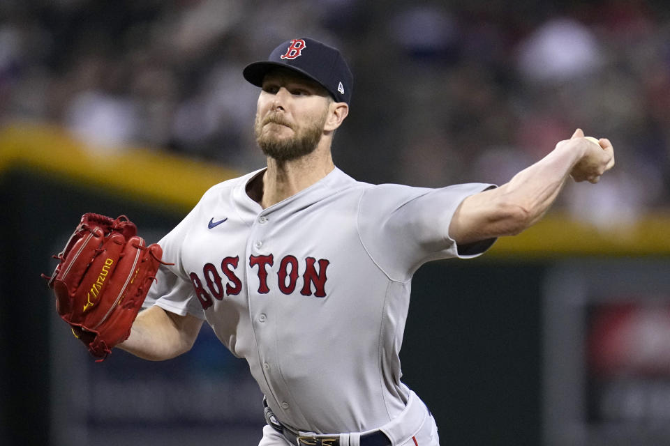 Boston Red Sox starting pitcher Chris Sale throws to an Arizona Diamondbacks batter during the first inning of a baseball game Friday, May 26, 2023, in Phoenix. (AP Photo/Ross D. Franklin)