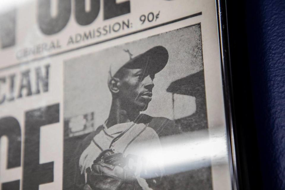 A photo of The Mound Magician Leroy “Satchel” Paige on a poster for a game. Johnson C. Smith University has a Negro Leagues Baseball exhibit set up in James B. Duke Memorial Library. Most of the items are on loan from Negro Leagues Baseball Museum in Kansas City, Mo.