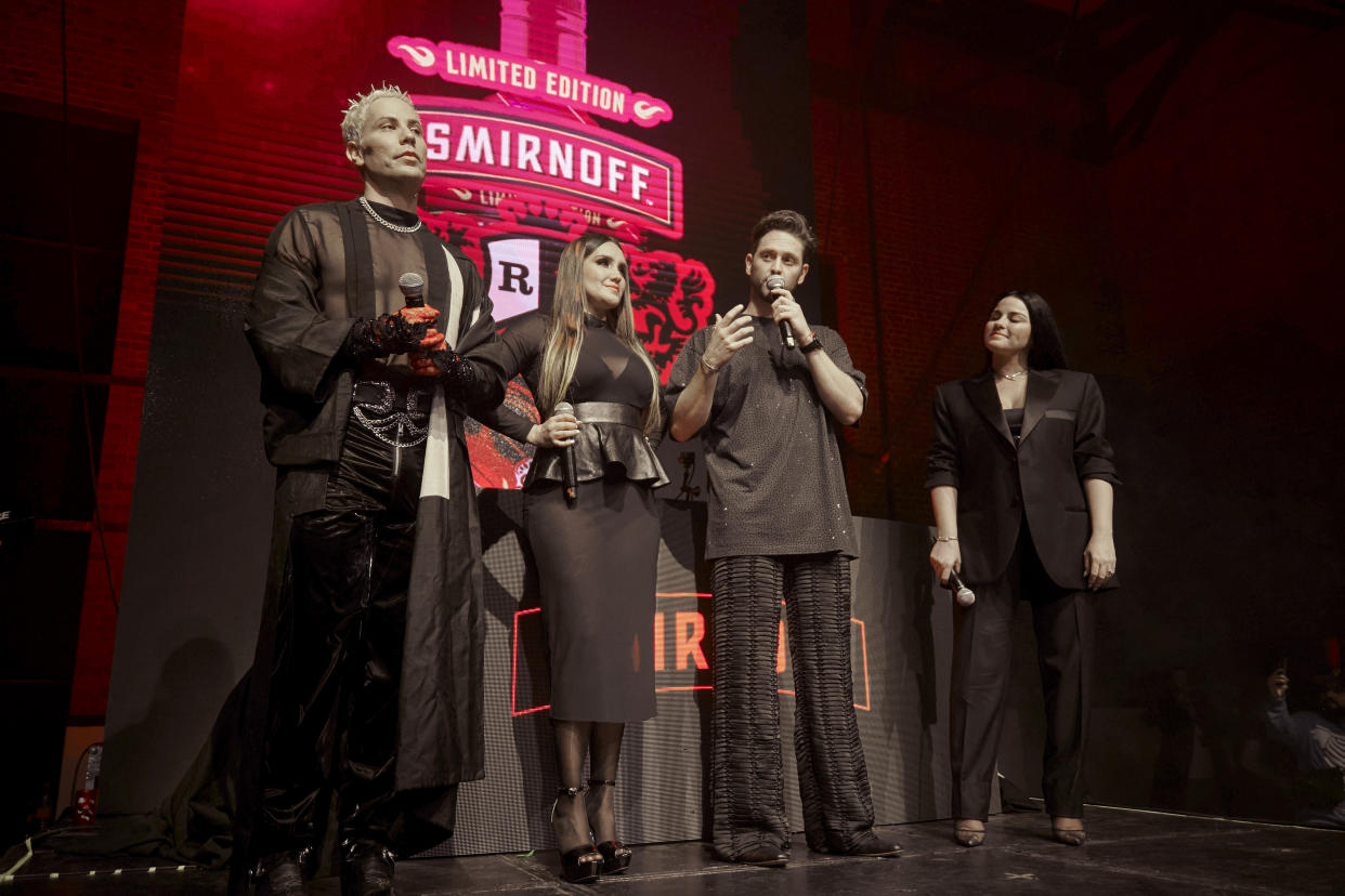 MEXICO CITY, MEXICO - JULY 19: Christian Chavez, Dulce Maria, Christopher Uckermann and Maite Perroni of RBD band speak during a special reunion organized by Vodka Smirnoff at Museo de la RefinerÌa on July 19, 2023 in Mexico City, Mexico. (Photo by Jaime Nogales/Medios y Media/Getty Images)