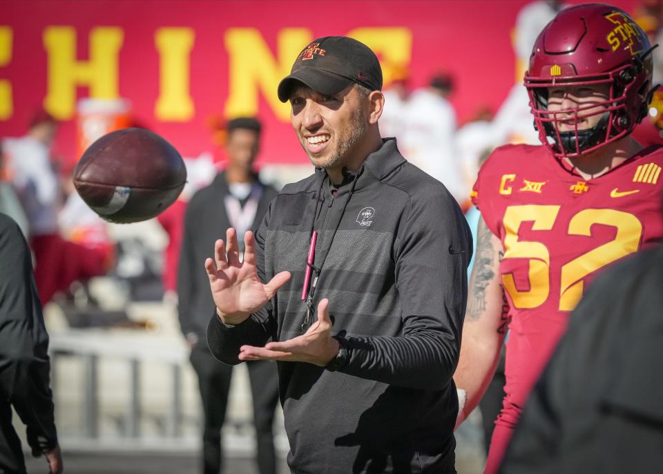 Iowa State head football coach Matt Campbell leads warmup drills prior to kickoff against West Virginia during a NCAA football game at Jack Trice Stadium in Ames on Saturday, Nov. 5, 2022.